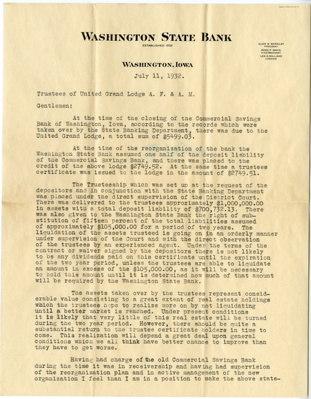 Letter From R. F. Davis To The Trustees Of United Grand Lodge A. F. & A. M.