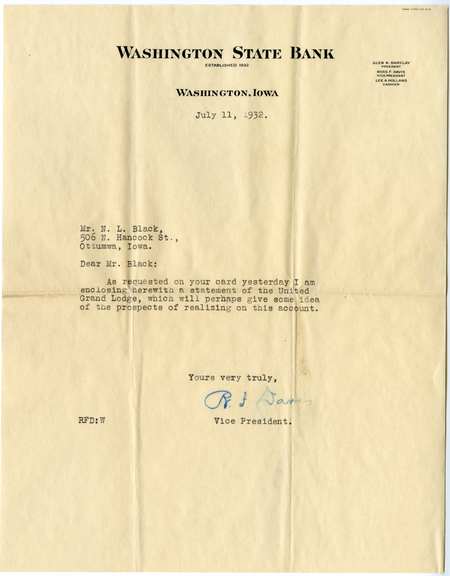 Letter To Mr. N. L. Black From R. F. Davis