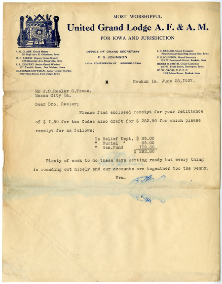 Letter To General Treasurer J. D. Reeler From Grand Secretary F. S. Johnson