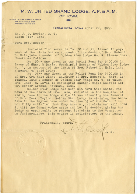 Letter To General Treasurer J. D. Reeler From Grand Master Alexander G. Clark