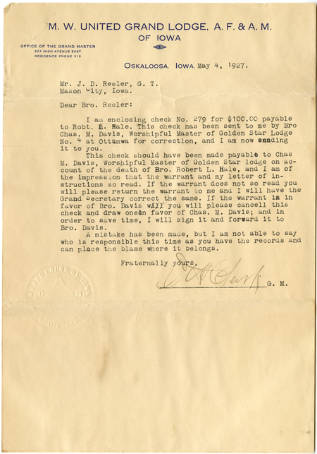 Letter To General Treasurer J. D. Reeler From Grand Master Alexander G. Clark