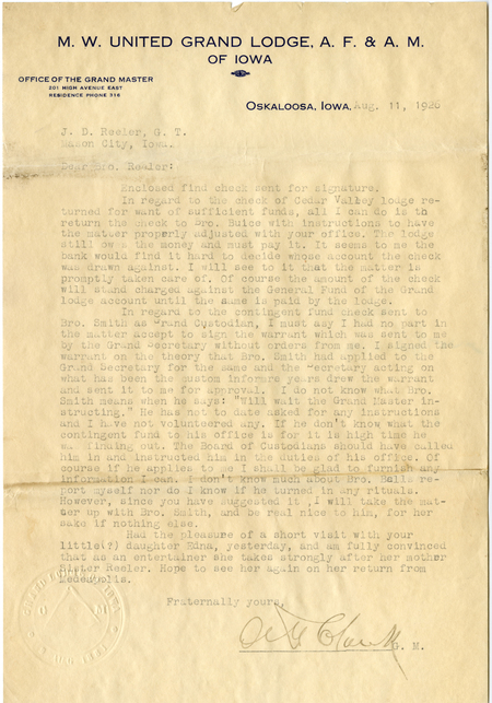 Letter To General Treasurer J. D. Reeler From Grand Master Alexander G. Clark