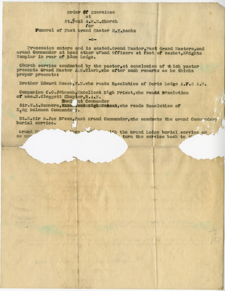 Order Of Exercises For The Funeral Of Past Grand Master E. T. Banks
