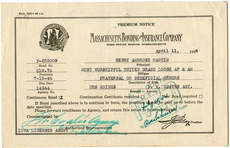 Massachusetts Bonding And Insurance Company Premium Notice For Principal Henry Ambrose Martin For Obligee Most Worshipful United Grand Lodge Af & Am