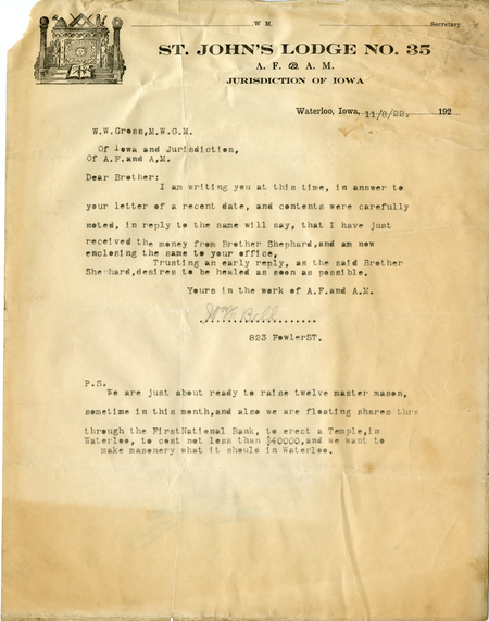 Correspondence Between Grand Master W. W. Gross And Wm (William/Worshipful Master?) Bell
