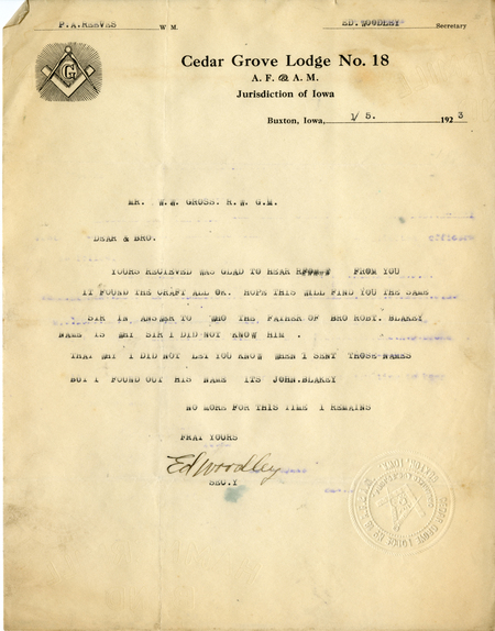 Correspondence Between Grand Master W. W. Gross And Ed Woodley