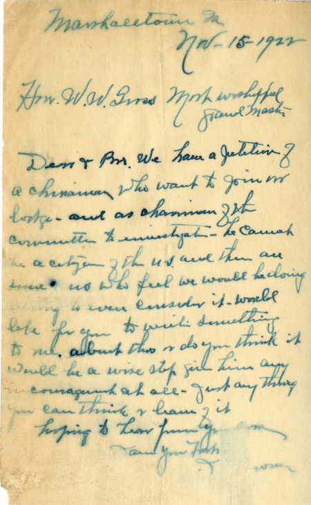 Correspondence Between Grand Master W. W. Gross And Brown (?)