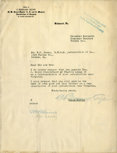 Correspondence Between W. W. Gross And C. Bernard Gilpin