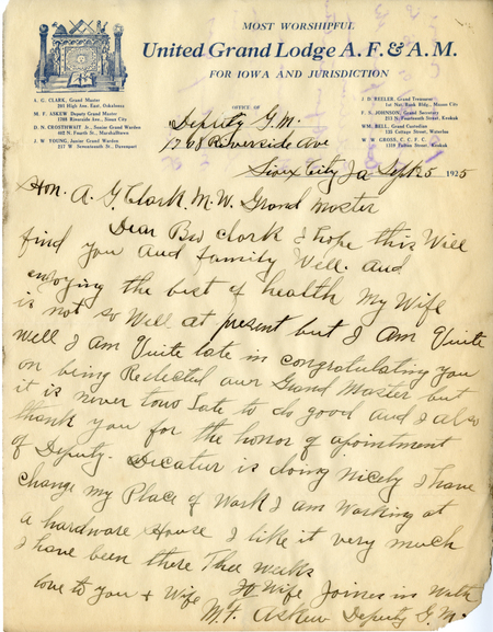 Correspondence Between M. F. Askew And Grand Master A. G. Clark