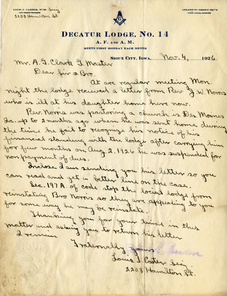 Correspondence Between Louis J. Carter And Grand Master A. G. Clark