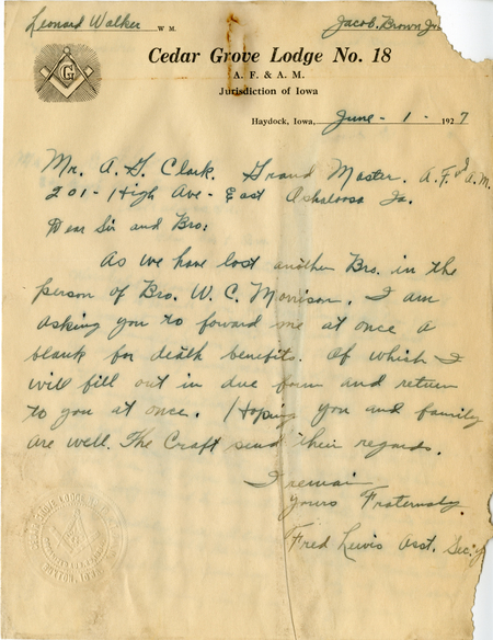 Correspondence Between Fred Lewis And Grand Master A. G. Clark