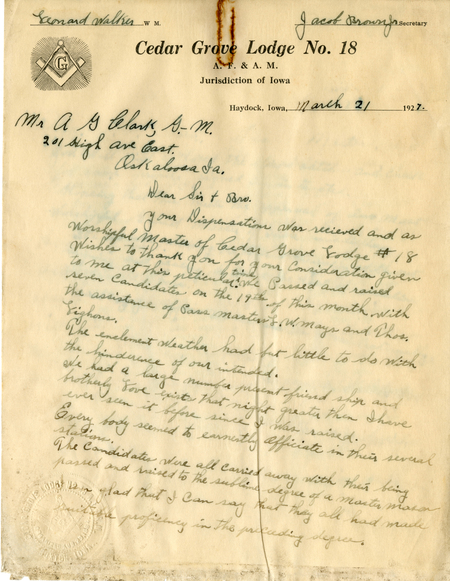 Correspondence Between Jacob Brown And Grand Master A. G. Clark