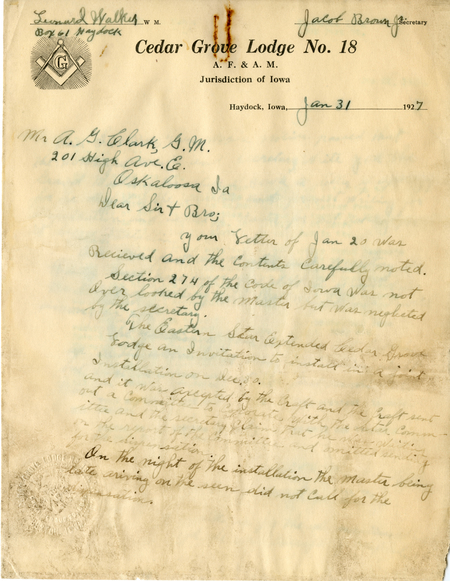 Correspondence Between Leonard Walker And Grand Master A. G. Clark