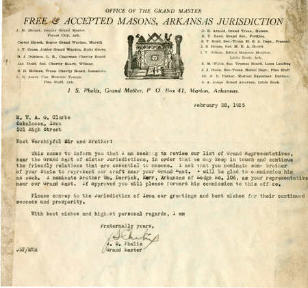 Correspondence Between Grand Master J. S. Phelix And Grand Master A. G. Clark