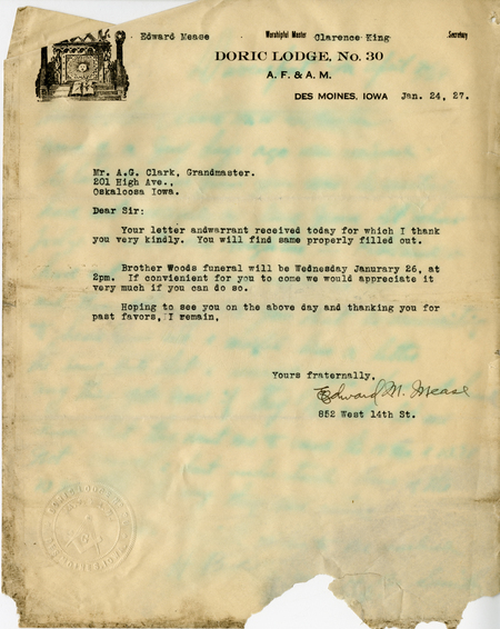 Correspondence Between Edward Mease And Grand Master A. G. Clark