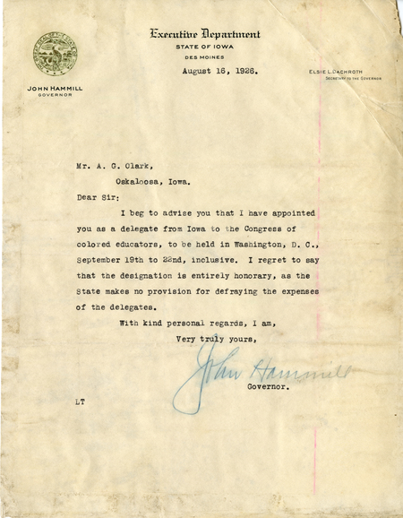 Correspondence Between Governor John Hammill And Grand Master A. G. Clark