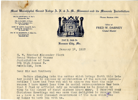 Correspondence Between Grand Master Fred W. Dabney And Grand Master A. G. Clark