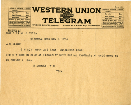 Telegram From R. Downey To Grand Master A. G. Clark