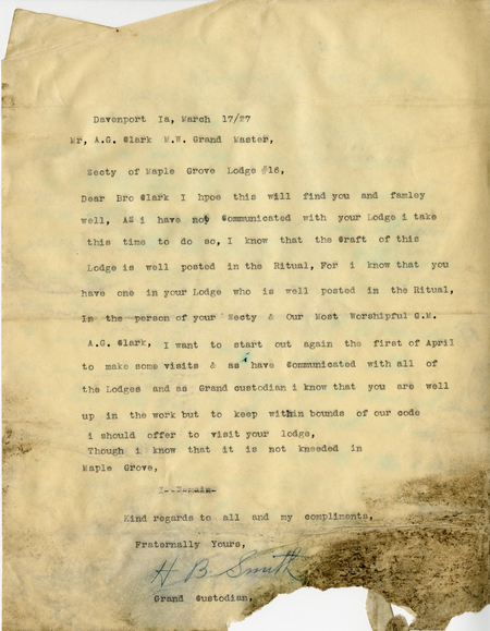 Correspondence Between H. B. Smith And Grand Master A. G. Clark