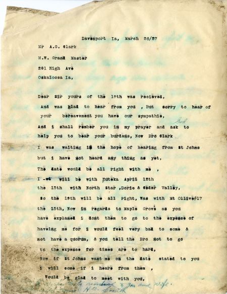 Correspondence Between H. B. Smith And Grand Master A. G. Clark