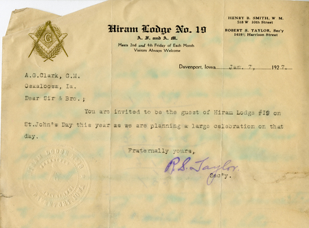 Correspondence Between Robert S. Taylor And Grand Master A. G. Clark