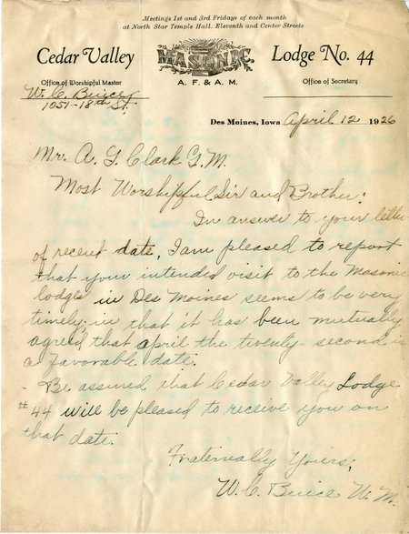 Correspondence Between W. C. Buice And Grand Master A. G. Clark