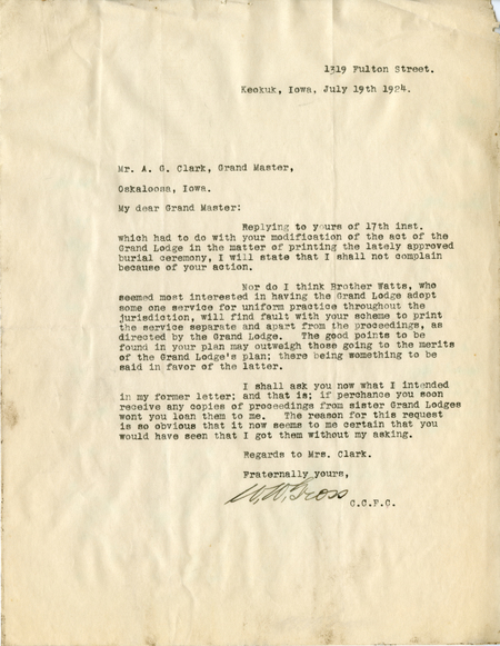 Correspondence Between W. W. Gross And Grand Master A. G. Clark