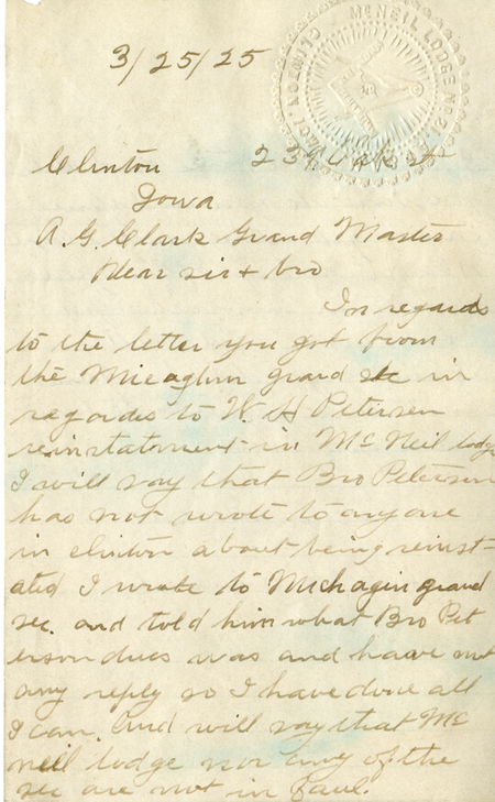 Correspondence Between H. G. Williams And Grand Master A. G. Clark