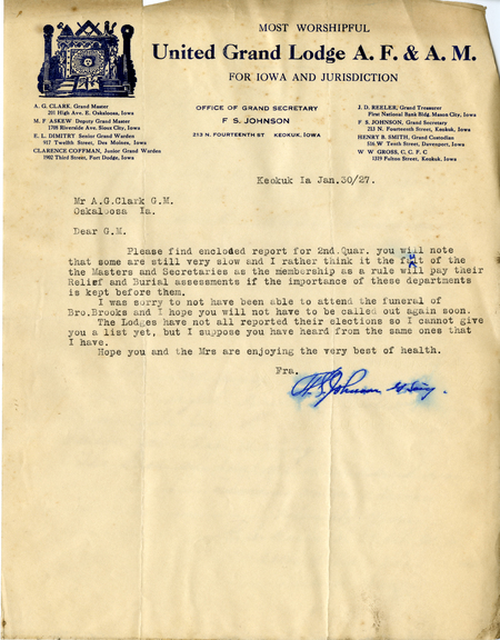 Correspondence Between F. S. Johnson And Grand Master A. G. Clark