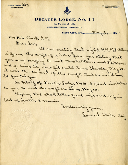 Correspondence Between Louis J. Carter And Grand Master A. G. Clark