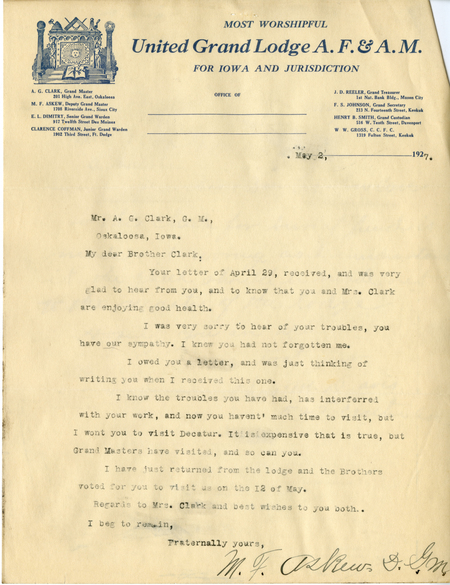 Correspondence Between M. F. Askew And Grand Master A. G. Clark
