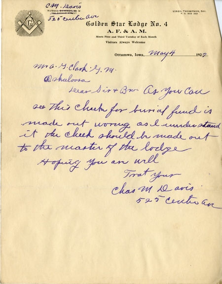 Correspondence Between Charles M. Davis And Grand Master A. G. Clark