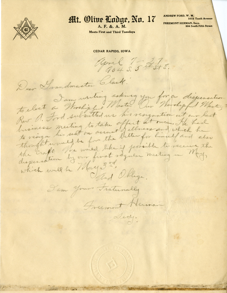 Correspondence Between Freemont Herman And Grand Master A. G. Clark