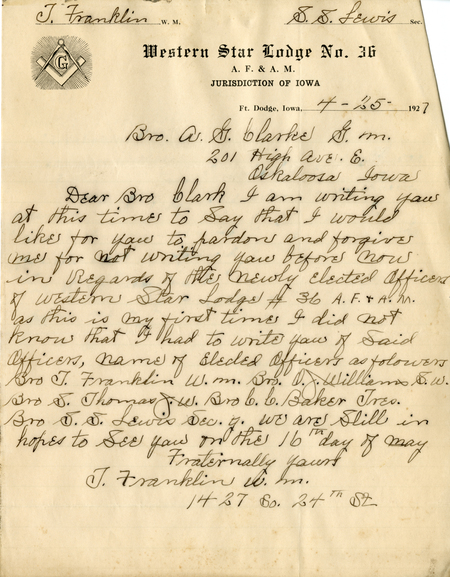 Correspondence Between J. Franklin And Grand Master A. G. Clark