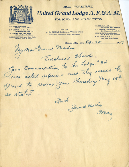 Correspondence Between J. D. Reeler And Grand Master A. G. Clark