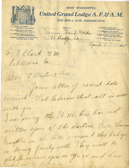 Correspondence Between Clarence Coffman And Grand Master A. G. Clark
