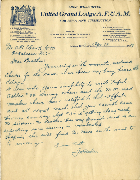 Correspondence Between J. D. Reeler And Grand Master A. G. Clark