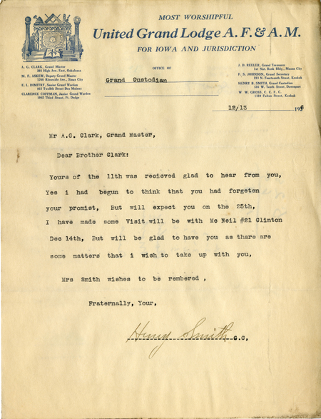 Correspondence Between Henry Smith And Grand Master A. G. Clark