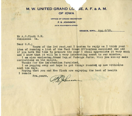 Correspondence Between F. S. Johnson And Grand Master A. G. Clark