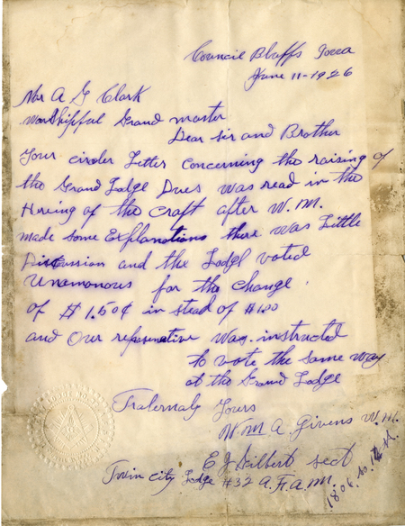 Correspondence Between William A. Givens And Grand Master A. G. Clark