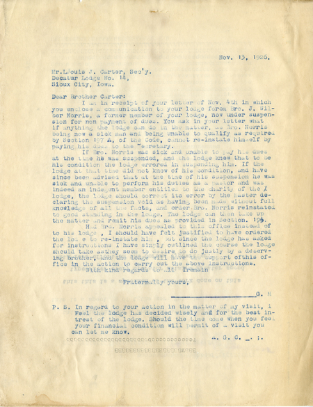 Correspondence Between Louis J. Carter And Grand Master A. G. Clark
