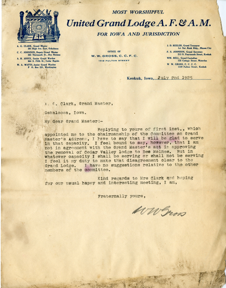 Correspondence Between W. W. Gross And Grand Master A. G. Clark