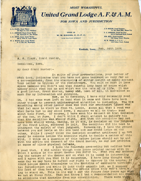 Correspondence Between W. W. Gross And Grand Master A. G. Clark