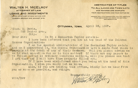 Correspondence Between Charles M. Davis And Walter H. Mcelroy