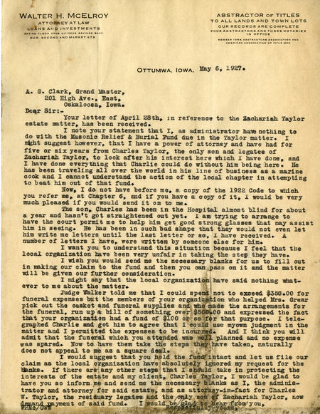 Correspondence Between Walter H. Mcelroy And Grand Master A. G. Clark