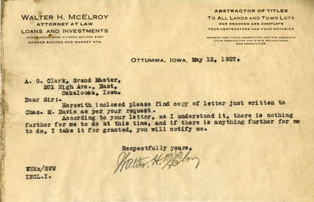 Correspondence Between Walter H. Mcelroy And Grand Master A. G. Clark