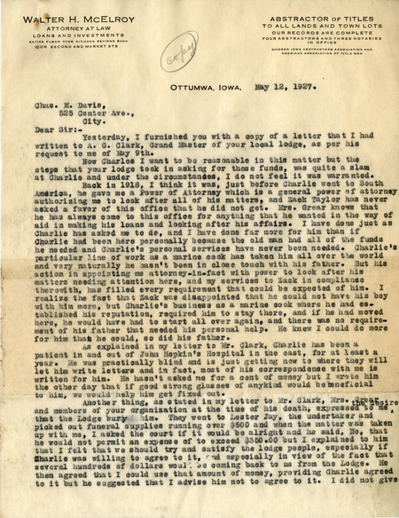 Correspondence Between Walter H. Mcelroy And Charles M. Davis, Page 1