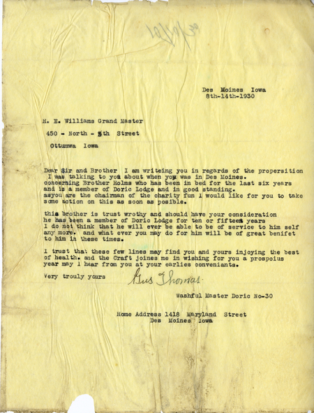 Correspondence Between Gus Thomas And Grand Master H. E. Williams