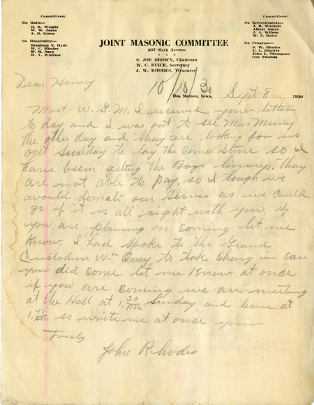 Correspondence Between John W. Rhodes And Grand Master H. E. Williams