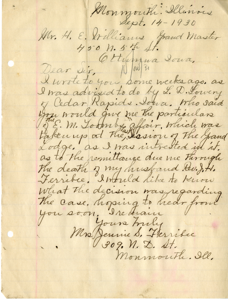 Correspondence Between Jennie S. Ferribee (?) And Grand Master H. E. Williams